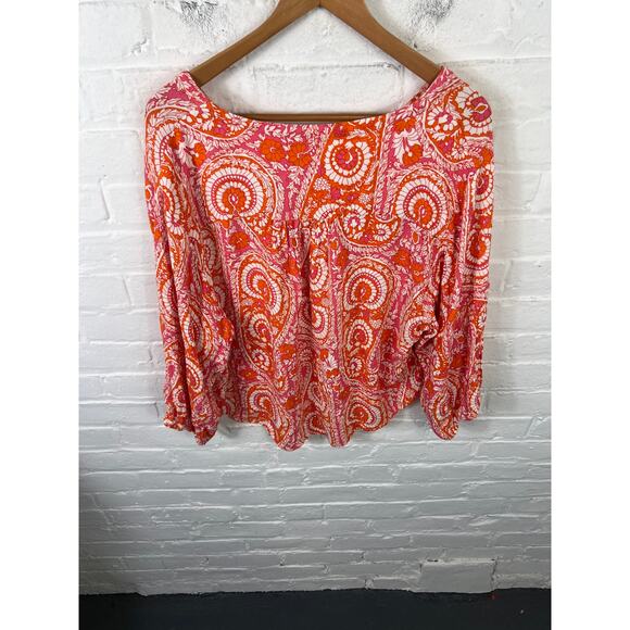 C&C California Women's Swirl Floral Beachy Blouse Balloon Sleeve Orange Size XL - Picture 2 of 5